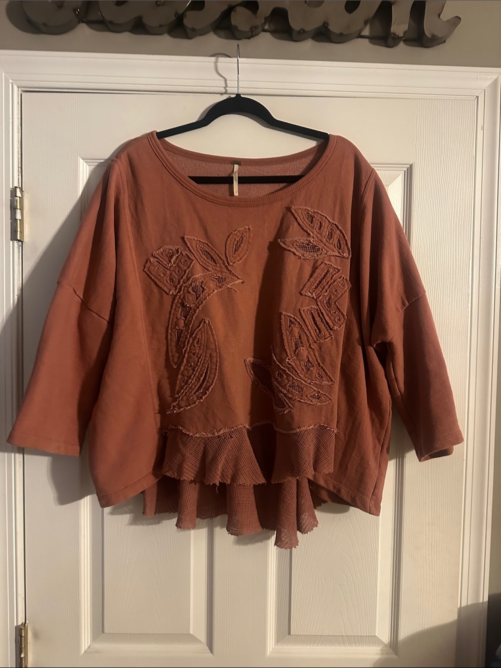 Free People Rust Embroidered Ruffle-Hem Pullover - Picture 5 of 5